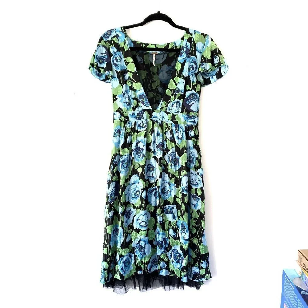 Free People Size 12 Floral Silk Flare Tulle Midi Dress Tie Back V-Neck - Picture 8 of 9